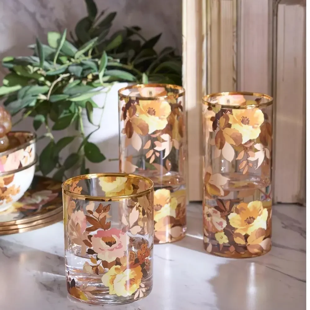 NEW Mackenzie Childs Wild Rose Highball Glass Set of 4 in Original Box